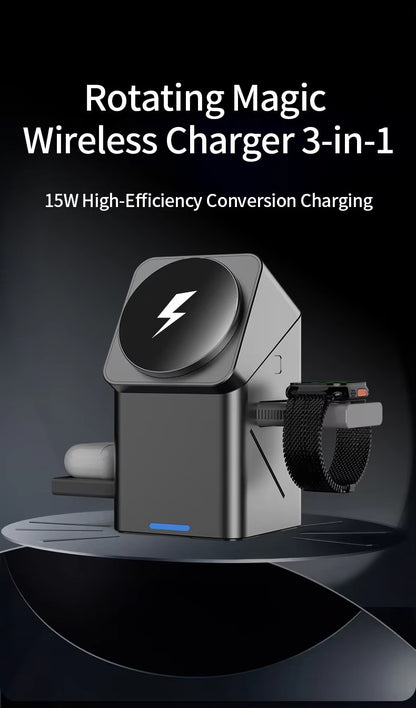 Rotating Magic Wireless Charger 3 in 1 Magnetic for Apple Dock Charger for Iphone 16 15 14 13 Pro Max Iwatch Airpods Charger