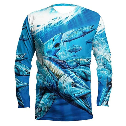 Camiseta Masculina de Pesca Manga Longa Estampada em 3D - Gola Redonda Retrô Casual, Ideal para Lazer de Outono e Atividades ao Ar Livre