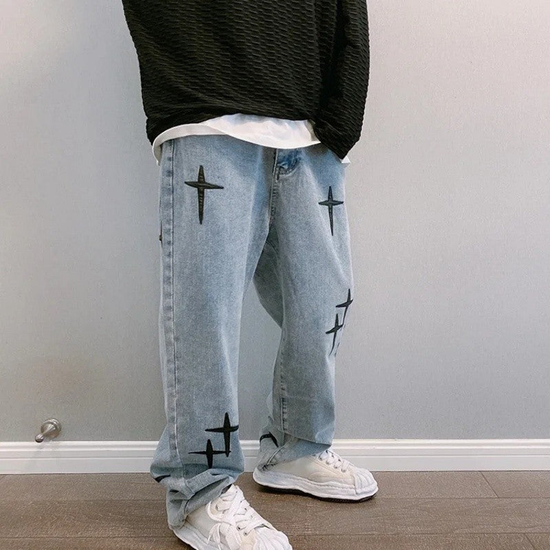 Nova Calça Jeans Masculina Larga Bordada Moda Solta Calça Jeans Streetwear Hip Hop Reta Perna Larga Calça Casual Roupa Masculina