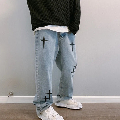 Nova Calça Jeans Masculina Larga Bordada Moda Solta Calça Jeans Streetwear Hip Hop Reta Perna Larga Calça Casual Roupa Masculina