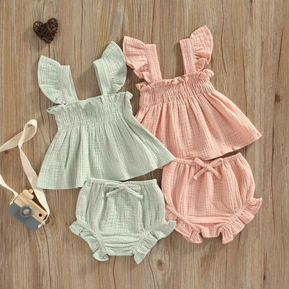 Summer 2023 Baby Girls Suit Set Solid Cotton Linen Casual Square Neck Fly Sleeve Tops+Ruffle Shorts Clothes for Toddler Infant