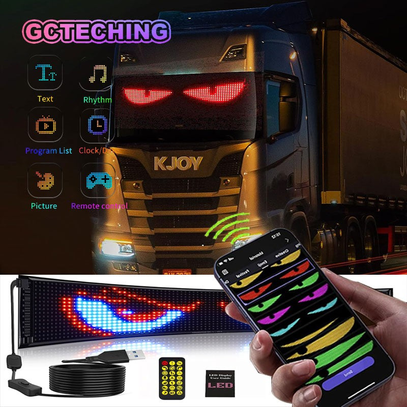 Painel de Pixels LED Flexível para Caminhão, Olhos de LED Brilhantes com Rolagem, Sinal de Carro LED USB com Controle Bluetooth por Aplicativo DIY