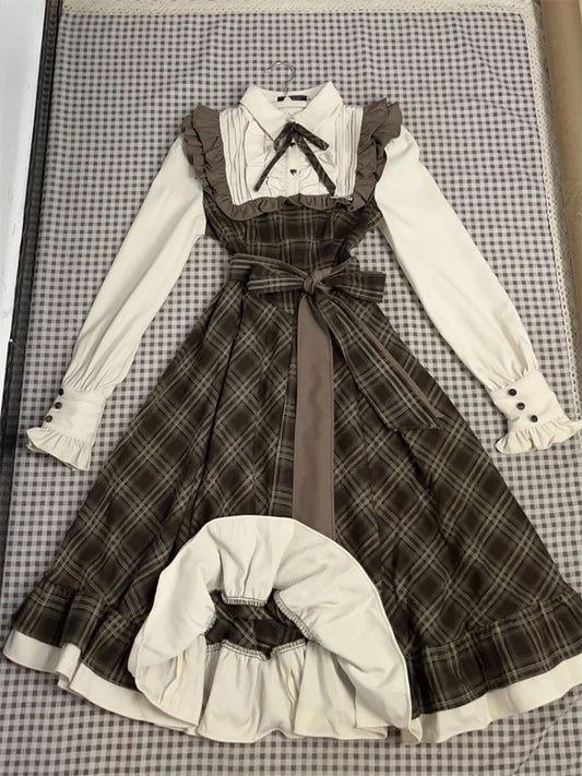 French Vintage Midi Dress Women Casual Evening Party Plaid Dress Office Lady Out