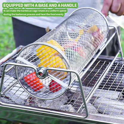 1 Rotating BBQ Grill Basket - Stainless Steel Mesh Roasting Cage with Handle, Portable Rolling Grill for Camping & Picnics