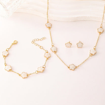 3pçs/conjunto Colar, Pulseira e Brincos de Flor de Cinco Pétalas da Sorte para Mulheres Elegante Trevo Moda Festa Joias Presentes Acessórios