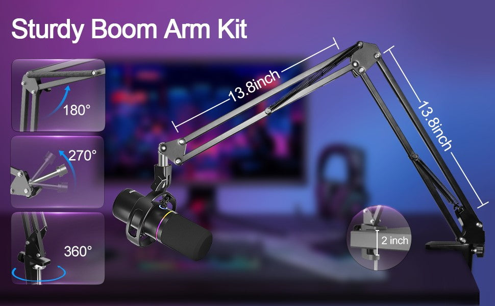 Kit de Microfone Dinâmico XLR/USB, Microfone de PC para Transmissão, Podcast, Jogos, RGB, Função de Silenciar e Cancelamento de Ruído, Volume