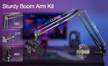 Kit de Microfone Dinâmico XLR/USB, Microfone de PC para Transmissão, Podcast, Jogos, RGB, Função de Silenciar e Cancelamento de Ruído, Volume