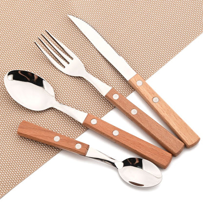 JANKNG 304 Stainless Steel Fork with Wooden Handle Tableware Cutlery Mirror Dinnerware Flatware Silverware Kitchen Accessories