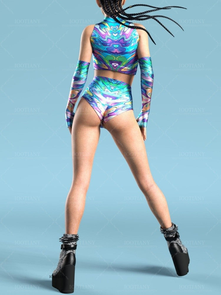 Adult Summer Role Play Bodysuit Women Sexy Hollow Sleeveless Blue Graffiti Art Swimsuit Carnival Party Stage Performance Clothes