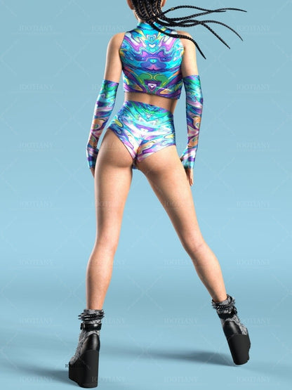 Adult Summer Role Play Bodysuit Women Sexy Hollow Sleeveless Blue Graffiti Art Swimsuit Carnival Party Stage Performance Clothes