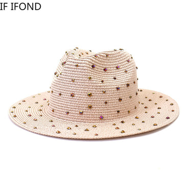 Hand made Diamond Straw Hat For Women's Summer Wide side Jazz Dress Cap Holiday Sun Protection Beach Hats