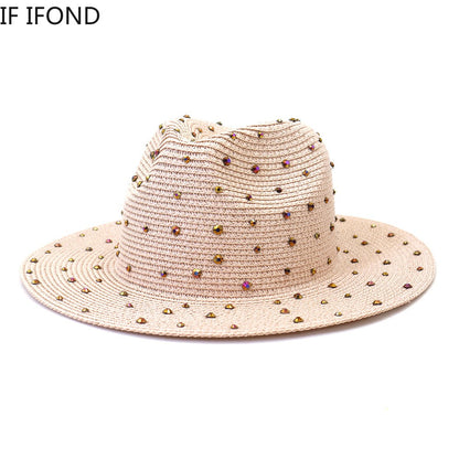 Hand made Diamond Straw Hat For Women's Summer Wide side Jazz Dress Cap Holiday Sun Protection Beach Hats