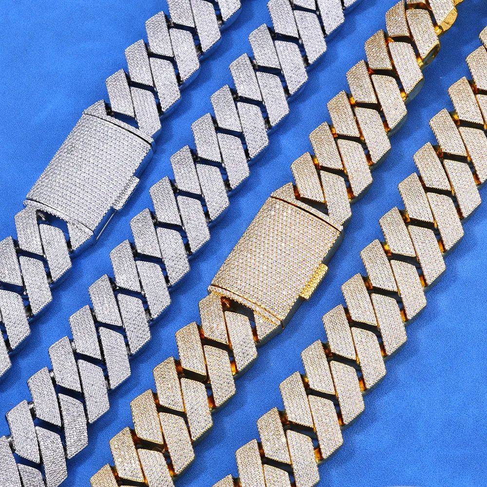 Colar Masculino/Feminino Folheado a Ouro Branco/18k com Corrente Cubana Grossa de 15mm com Duas Fileiras de Zircônias Cravejadas, Joia de Hip Hop com Zircônias Cravejadas, Presente