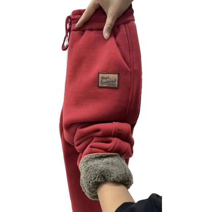 Women Autumn Winter Warm Sweatpants High Waist Drawstring Pockets Solid Color Casual Trousers Fleece Lining Thick Harem Pants