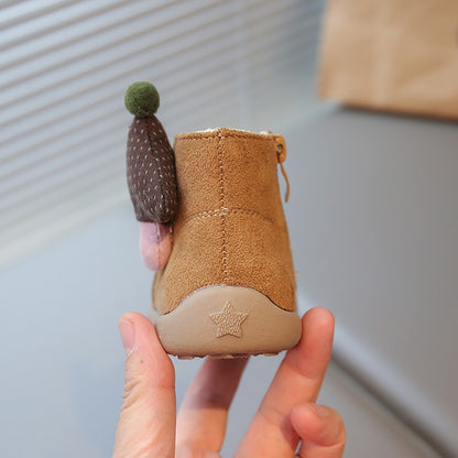 Christmas Children's Snow Boots PU Leather Vintage Girl's Plush Boots Anti-slippery Kid's Warm Padded Boots Cotton Shoes