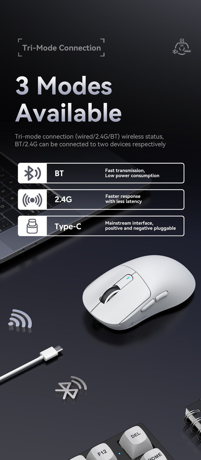 Mouse gamer sem fio 3-mode macro Attack Shark X3orX3Pro PixArt 1K/4K leve, 26K DPI PAW3395, adequado para laptop/Win/Mac