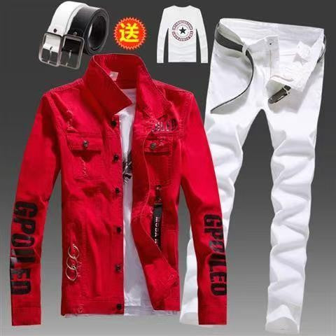 Men's Slim Fit Denim Jacket Pants 2pcs Set Long Sleeve Coats Letters Printed Casual Large Size Black White Red Boys Trousers