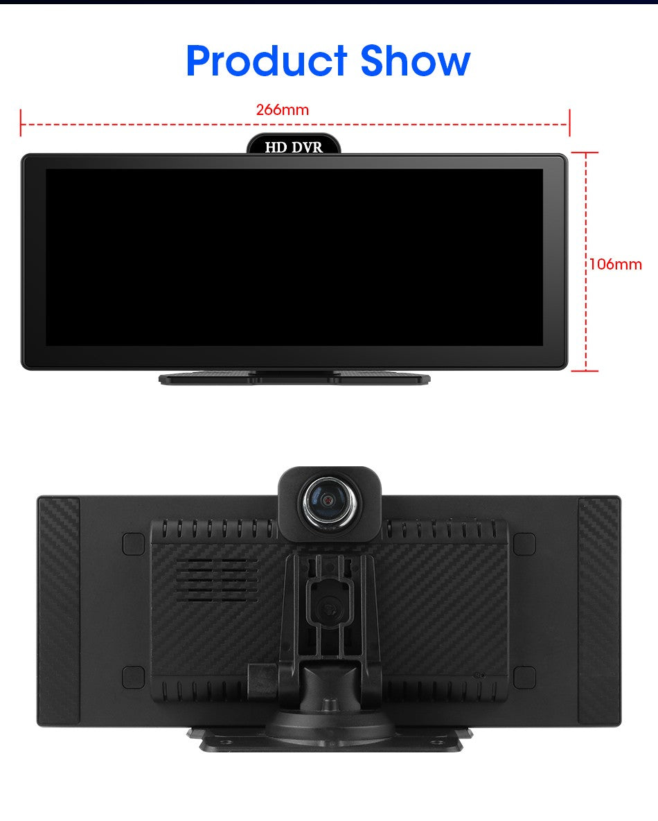 Gravador de Vídeo DVR 4K de 10/11,26 Polegadas com CarPlay e Android Auto Sem Fio, Câmera Veicular, Áudio Bluetooth, Navegação GPS e Duas Lentes para Painel