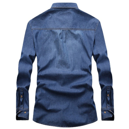 New Spring Man Long-sleeved Denim Shirts Men Outdoor Multi-pocket Tooling Shirts High Quality Male Cotton Casual Jeans Shirts 4