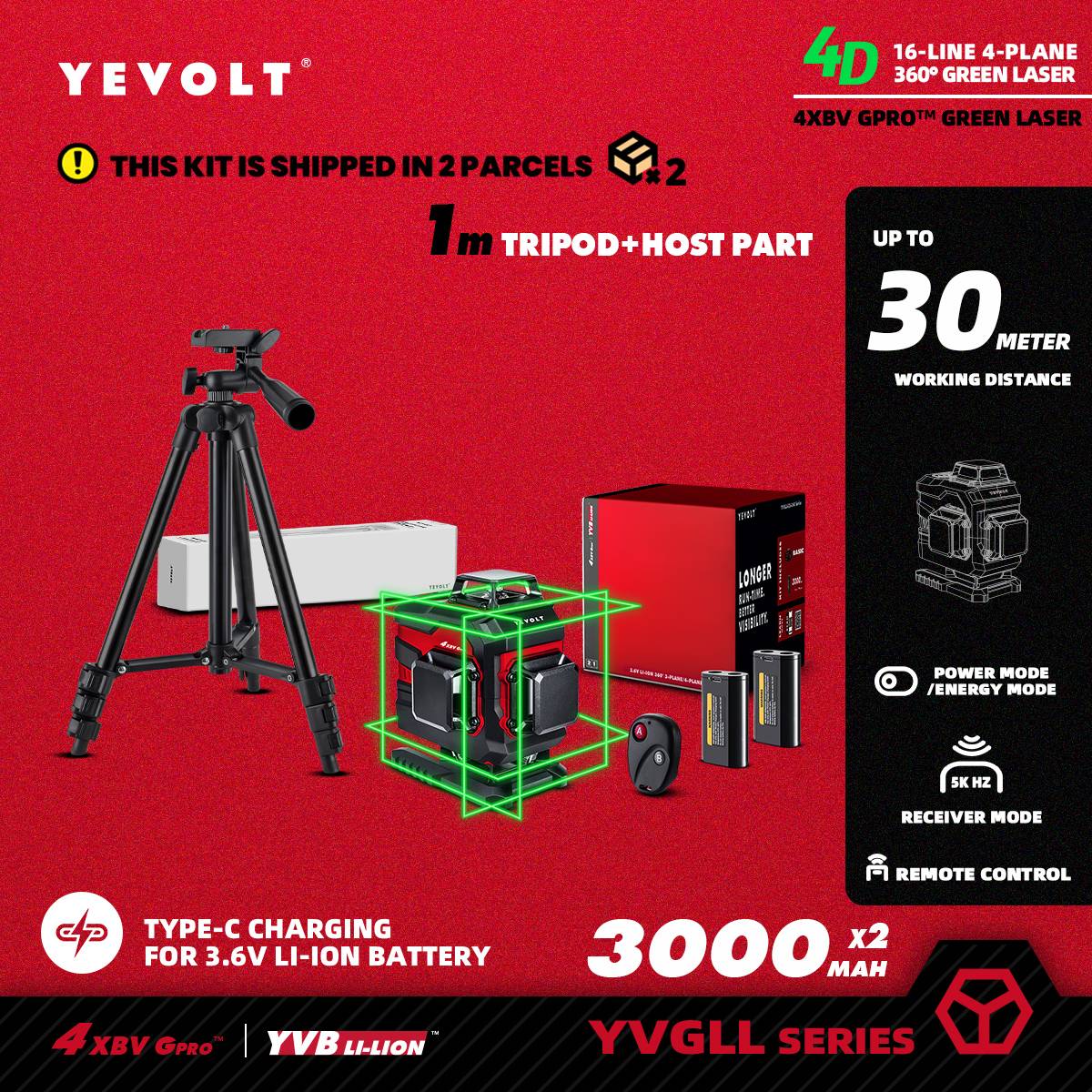 Nível a Laser Verde YEVOLT YVGLL4XS16 Series 4 Planos 16 Linhas Autonivelante 360 3D Ferramentas de Medição de Potência Horizontal e Vertical
