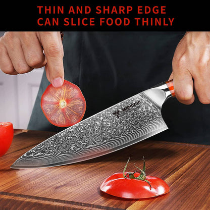Conjunto de facas de cozinha SANMUZUO 2 peças - Série Xuan - Faca de Chef e Faca Nakiri em Aço Damasco VG10, Melhor Presente para Chefs - Cabo de Resina