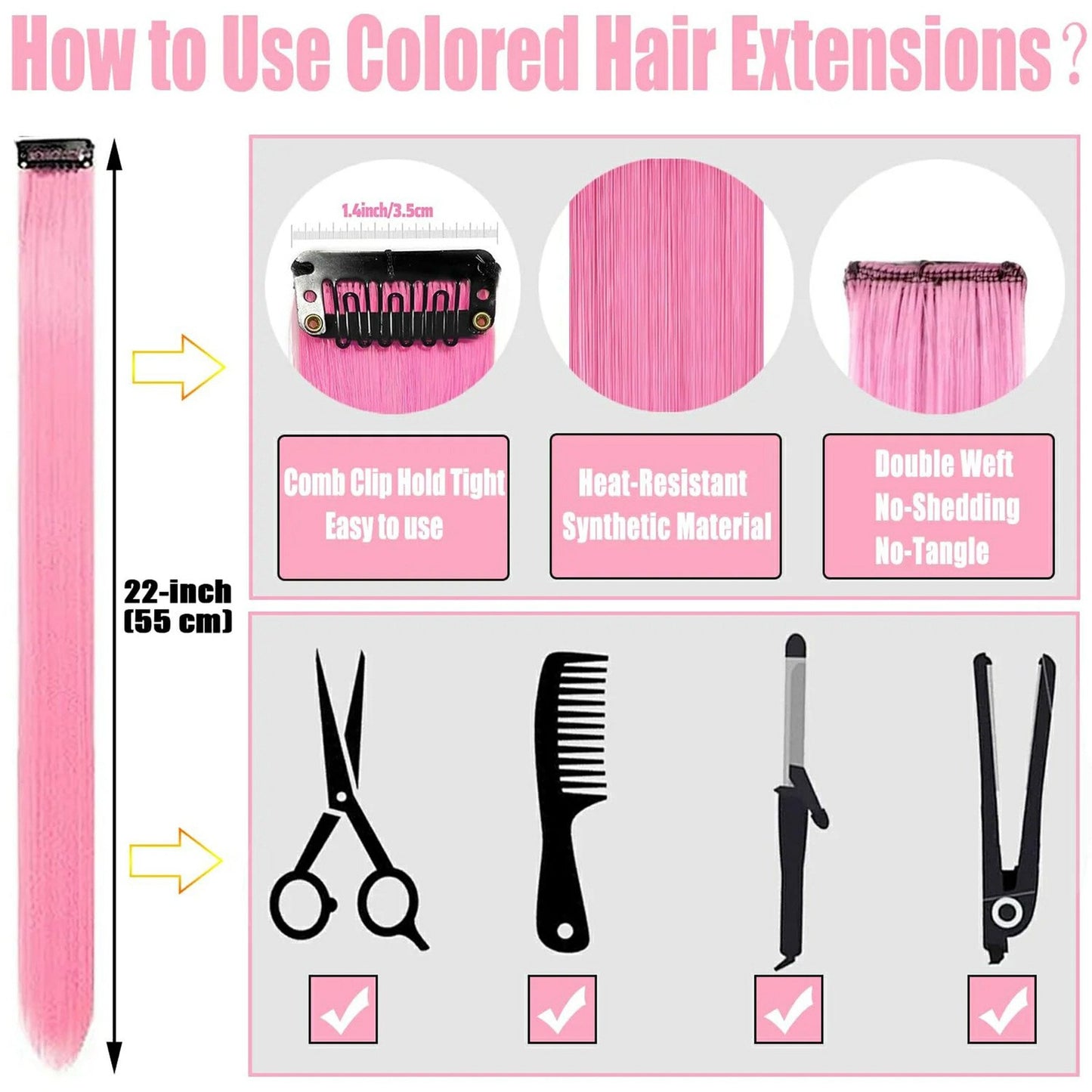 Clip in Hair Extensions Colored Party Highlights 22 inches 6pcs/pack Multi-colors Straight Hair Synthetic Hairpieces Royal Blue