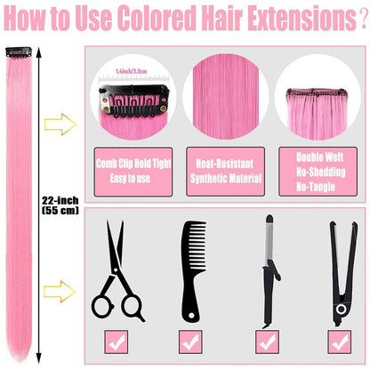 Clip in Hair Extensions Colored Party Highlights 22 inches 6pcs/pack Multi-colors Straight Hair Synthetic Hairpieces Royal Blue