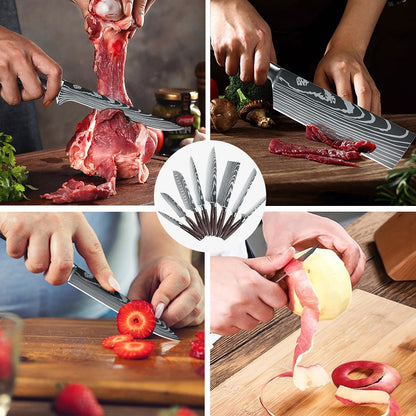 MDHAND Conjunto de Facas de Cozinha 7CR17 8 Peças Aço Inoxidável Afiado Faca de Chef para Fatiar Carne Cutelo Padrão de Damasco a Laser Faca de Chef Afiada