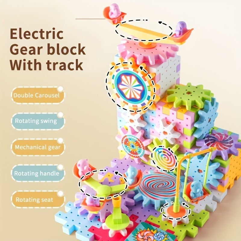 Conjunto de Brinquedos de Construção Montessori Infantil Elétrico Engrenagens Giratórias para Montar Carro de Trilho Brinquedo de Construção Grande STEM de Natal