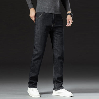 Calça Jeans Masculina de Inverno Forrada com Lã Grossa Calça Jeans Masculina de Cintura Solta Reta Slim Fit Calça Social Casual Confortável