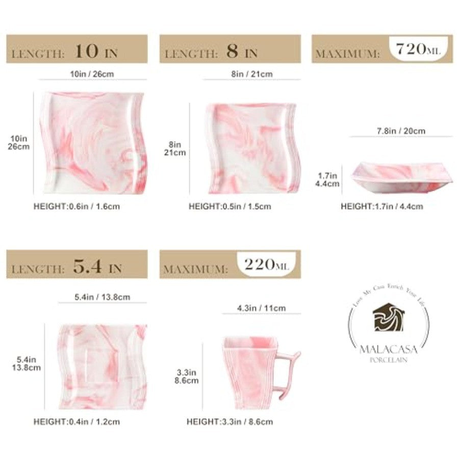 Modern 30Piece Porcelain Dinnerware Set in Pink for 6 People Includes Plates Bowls Cups Saucepans and Square Dishes Elegant Ser