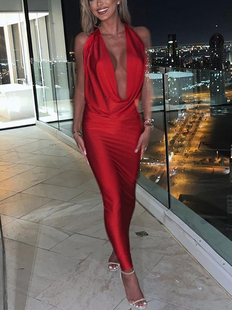 Dulzura Autumn Women Halter Backless Midi Dress For Women Bodycon Sexy Party Ele