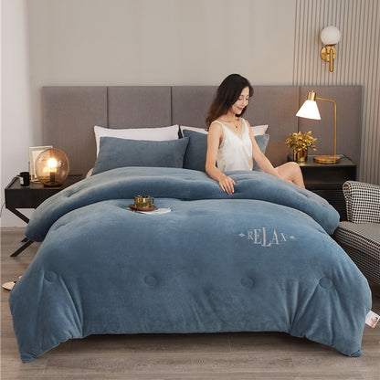 Double Sided Milk Velvet Winter Comforter Thickened Warm Double Layer Flannel King Size Quilts for Bed Solid Soft Plush Duvets