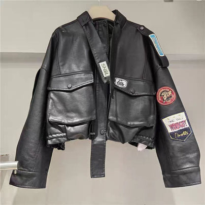 YEAE 2025 spring new vintage motorcycle leather printed high waist lean washed PU leather coat tide