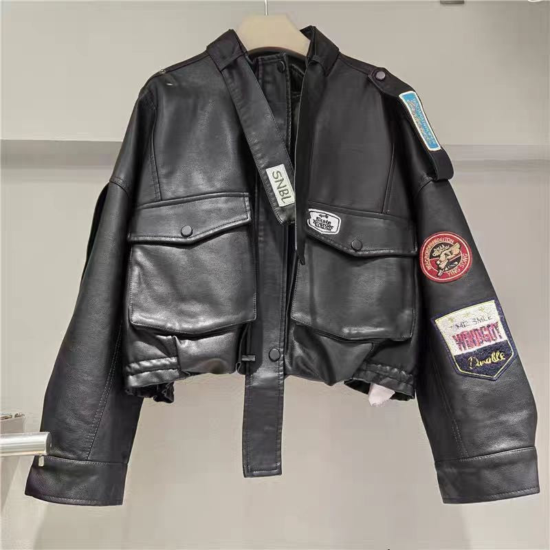 YEAE 2025 spring new vintage motorcycle leather printed high waist lean washed PU leather coat tide
