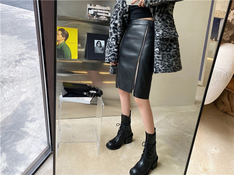 Lautaro Autumn Soft Black Pu Leather Midi Skirt Women with Double Slit Zipper High Waist Korean Style Fashion 2021 Streetwear