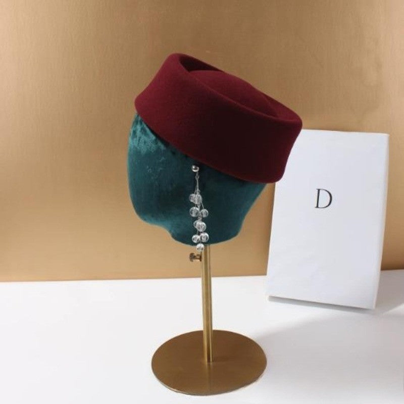 Autumn Winter Women Wool Fedoras Hats Elegant French Hard Top Concave Top Felt Berets Hat  Wedding Fascinator Party Pillbox Cap