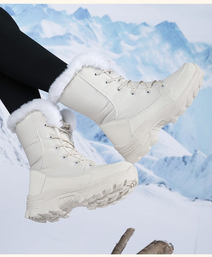 2025 Women's Snow Boots Beige Lace-up Waterproof Antiskid Female New Ankle Boots Walking Shoes plush Winter Warm Mid-Calf Boots