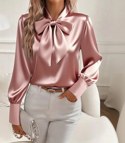 Autumn New Solid Color Sexy Hollow Bow Satin Shirt Women's Casual Comfortable Long Sleeved Top Blusas Elegante Feminina