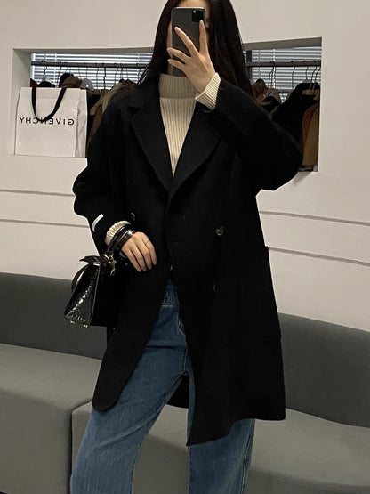 Plus Size Double-Sided Woolen Jacket Women's Midi Length Single-Breasted Loose Fit Fashionable Korean Style Suit Collar Macar...