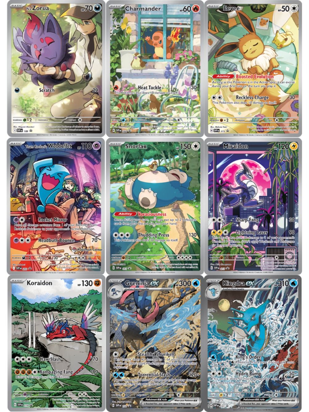 9 Cartas Pokémon TCG SV Escarlate e Violeta Promocionais Raras Holo Batalha Snorlax Charmander Wobbuffet Eevee Cartas Colecionáveis Holográficas Presente