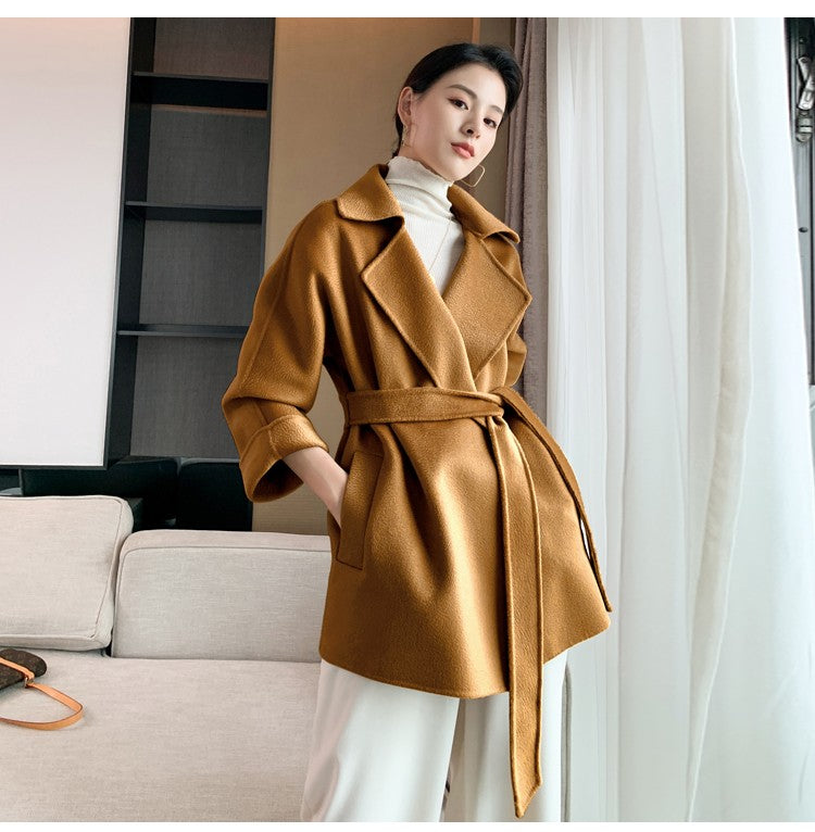 Autumn New Short Double-sided Cashmere Water Ripple Coat Women Turn-down Collar Loose Tempeament Warm Casual wool Jacket Female