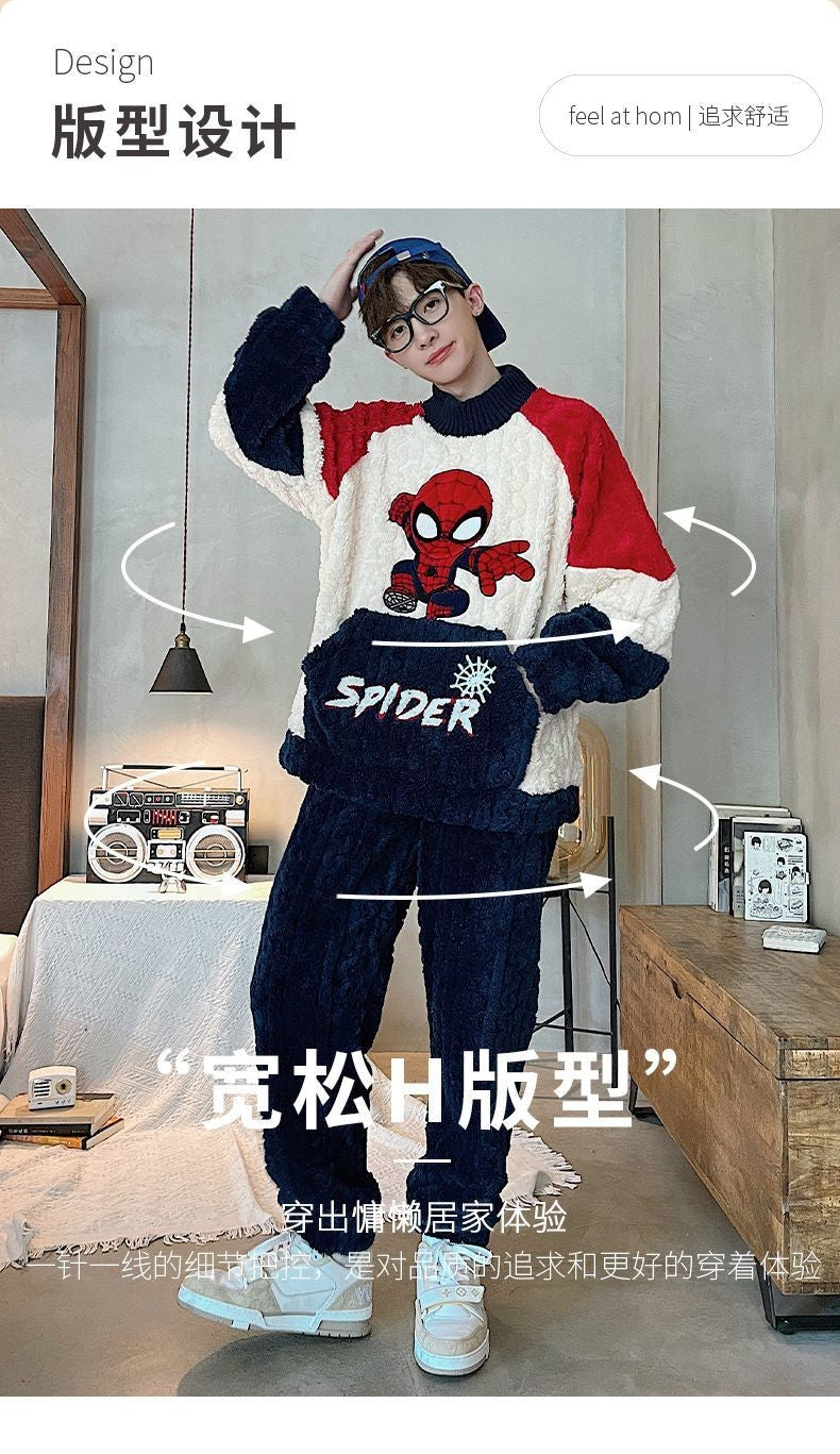 Conjunto de Pijama Masculino Homewear Marvel Homem-Aranha Anime Novo Bonito Desenho Animado Criativo Padrão Simples Moda Flanela Macia Engrossada Quente