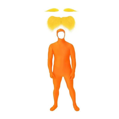 Halloween Orange Zentai Suit Open Face Full Body Bodysuit with Yellow Mustache Eyebrow for Adult Kid Cosplay Party Costume