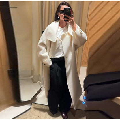 Elegant Stand Collar Long Coat Women Retro Chic Loose Single Breasted White Tweed Coats Lady 2025 Winter Casual Street Overcoats