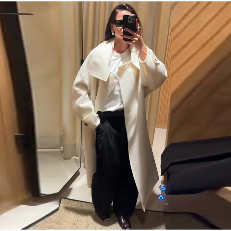 Elegant Stand Collar Long Coat Women Retro Chic Loose Single Breasted White Tweed Coats Lady 2025 Winter Casual Street Overcoats