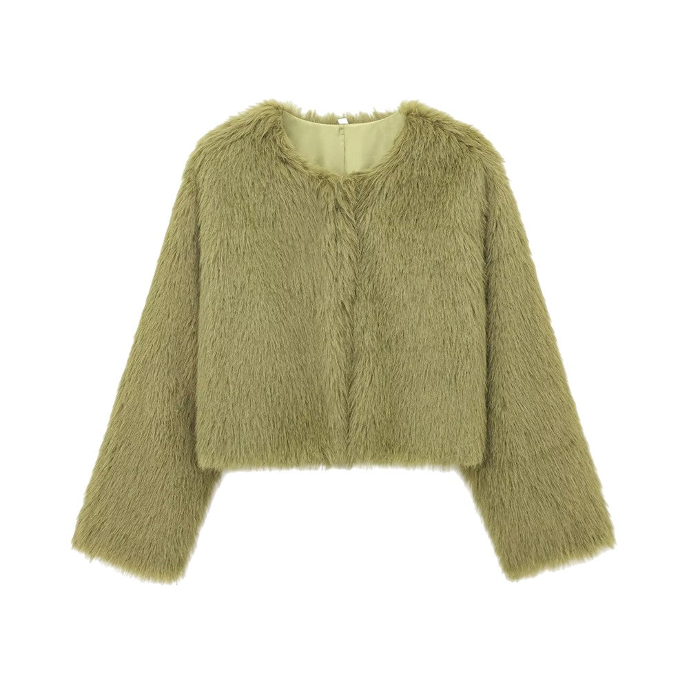 Women's Thick Warm Faux Fur Cropped Jacket, O Neck, Long Sleeve, Female Outerwear, Chic Tops, Fashion