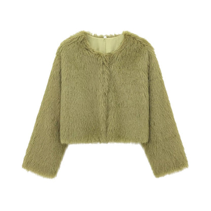 Women's Thick Warm Faux Fur Cropped Jacket, O Neck, Long Sleeve, Female Outerwear, Chic Tops, Fashion