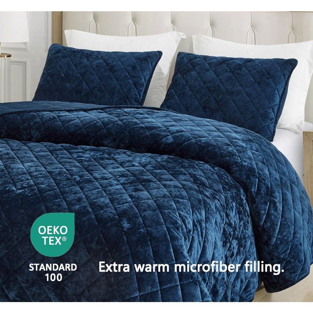 Edredom King Aveludado Azul Marinho de Luxo, Conjunto de Cama de Veludo Macio Desbotado de 3 Peças para Todas as Estações, Leve