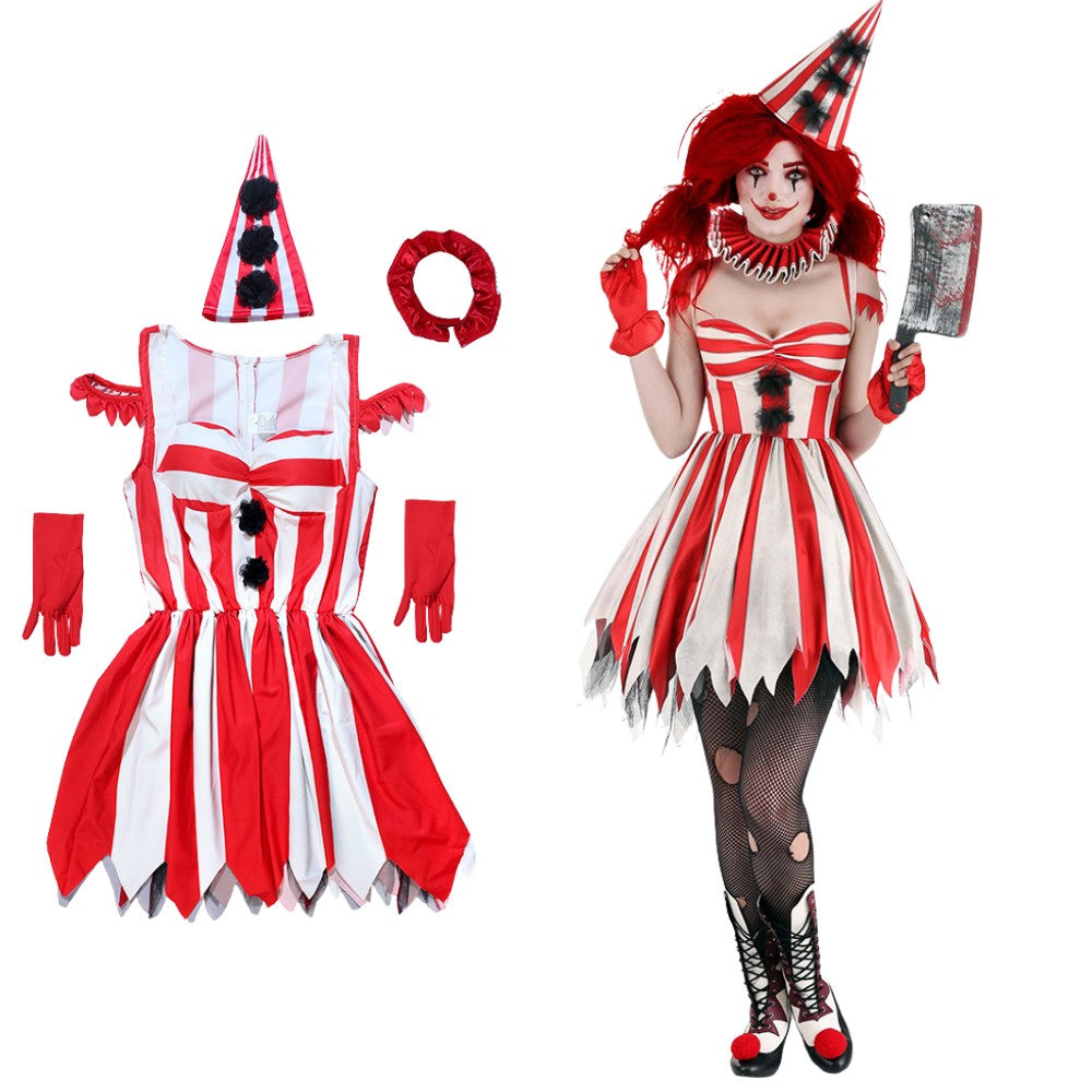 Halloween Joker Cosplay Costume Red Gorgeous Tower Skirt Adult Circus Party Dress Terror Disguise Costume Performance Show Set